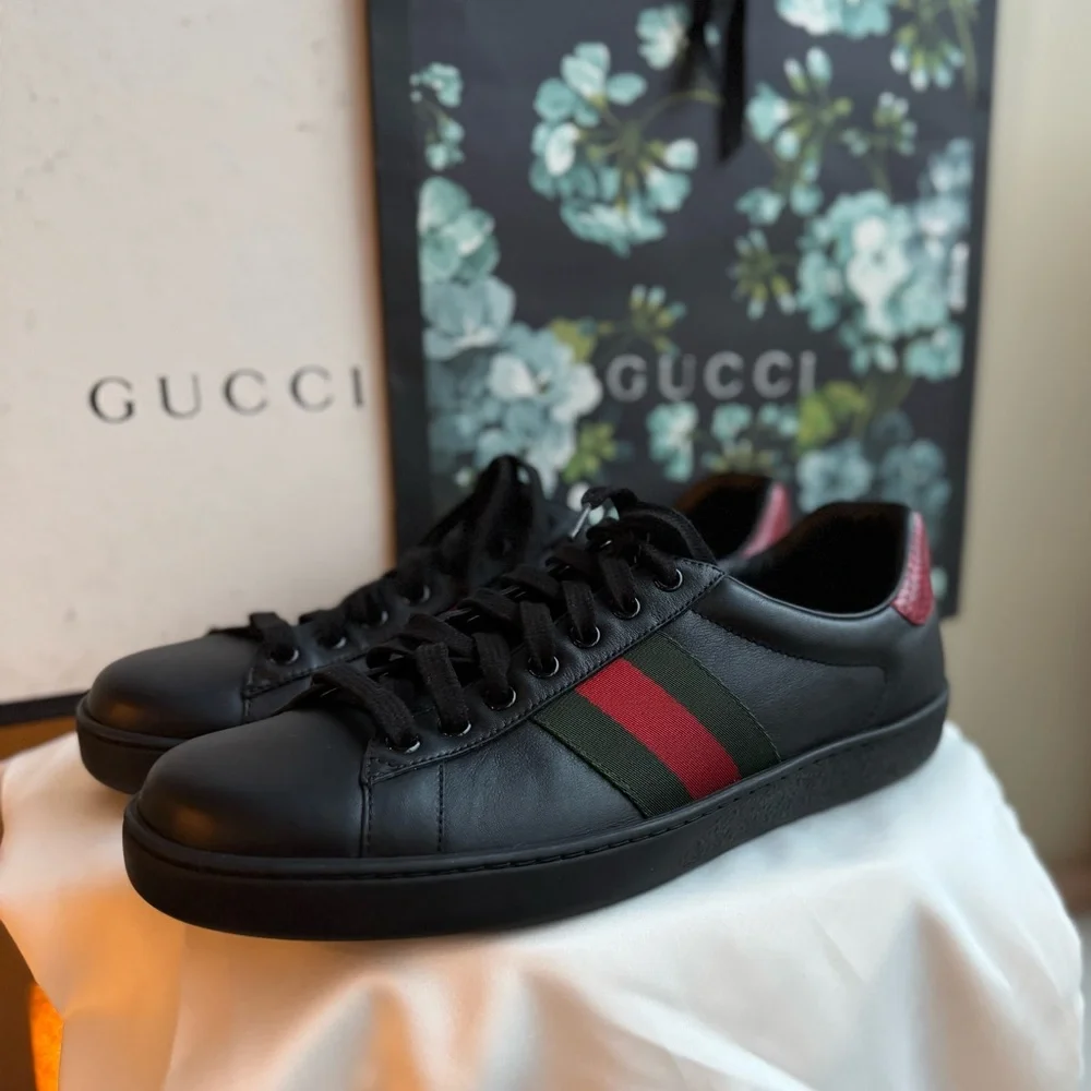 NWT Gucci Ace Black Leather Sneakers with Red and Green Stripe, Size Men’s 8.5-9 - Picture 4 of 14